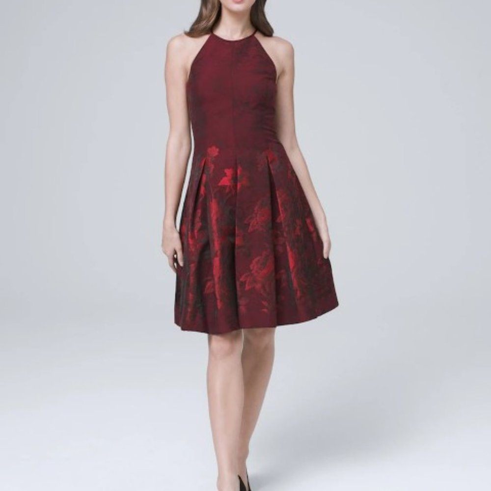 WHBM  Floral Jacquard Fit N Flare Halter Dress